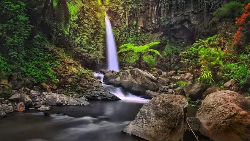Kolam alami di bawah Air Terjun Coban Jahe Malang dengan bebatuan dan taman yang estetik